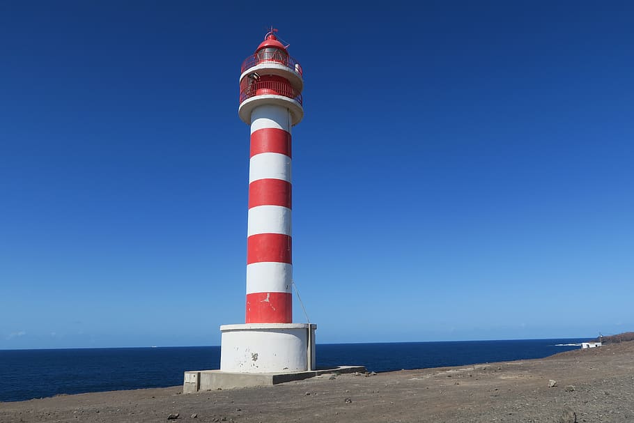 lighthouse, sky, blue, coast, vacations, summer, gran canaria, red, white, water