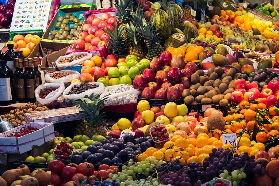 maroko, pasar, buah, sayuran, diet mediterania, makanan, marrakech, rempah-rempah, arab, timur