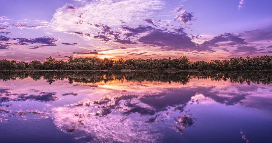 panorama, lake, sunset, wallpaper, nature, waters, landscape, clouds, mood, reflection