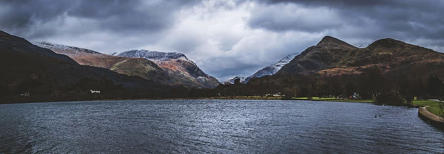 widescreen, dramatic, landscape, mountains, clouds, white, lake, river, water, grass