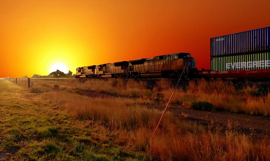 sunrise, dawn, yellow, orange, train, american cars, transport, rails, machine, commodity