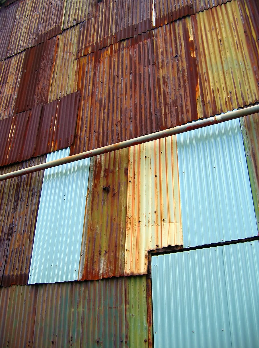--, part, old, factory building, corrugated, iron, metal, rust, paint, sheets