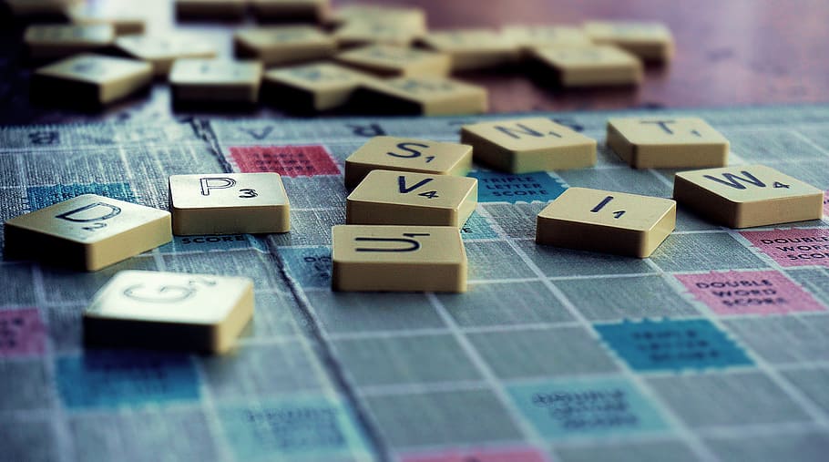 scrabble, game, permainan papan, kata-kata, ejaan, mantra, huruf, blok mainan, di dalam ruangan, kelompok besar objek
