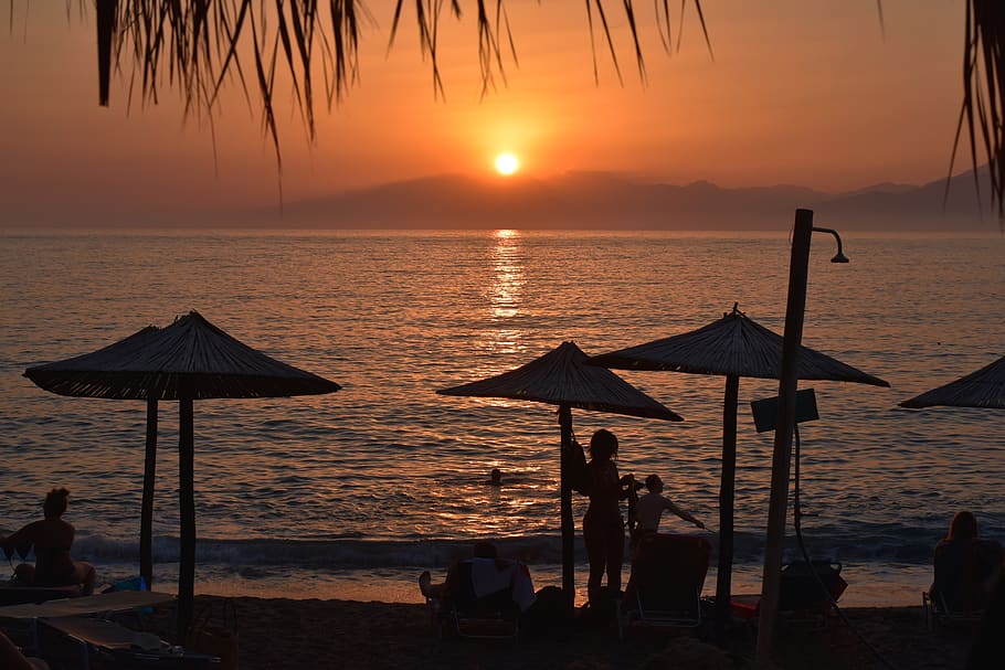 puesta de sol, noche, playa, pantalla, Creta, estado de ánimo, iluminación, resplandor crepuscular, verano, agua