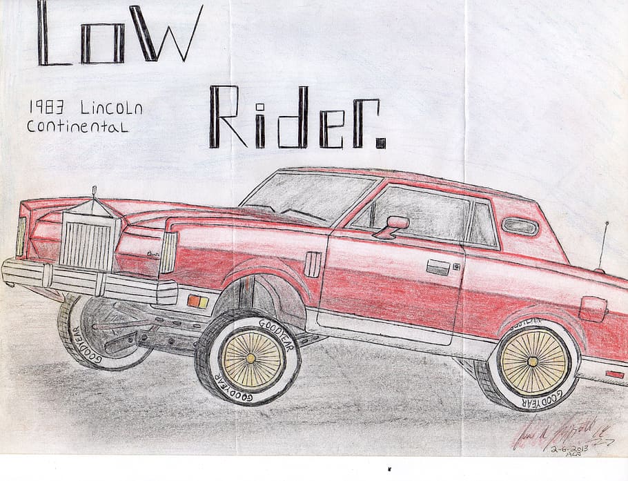 lowrider, automotive, car, hand, drawn, drawing, transportation, mode of transportation, city, text