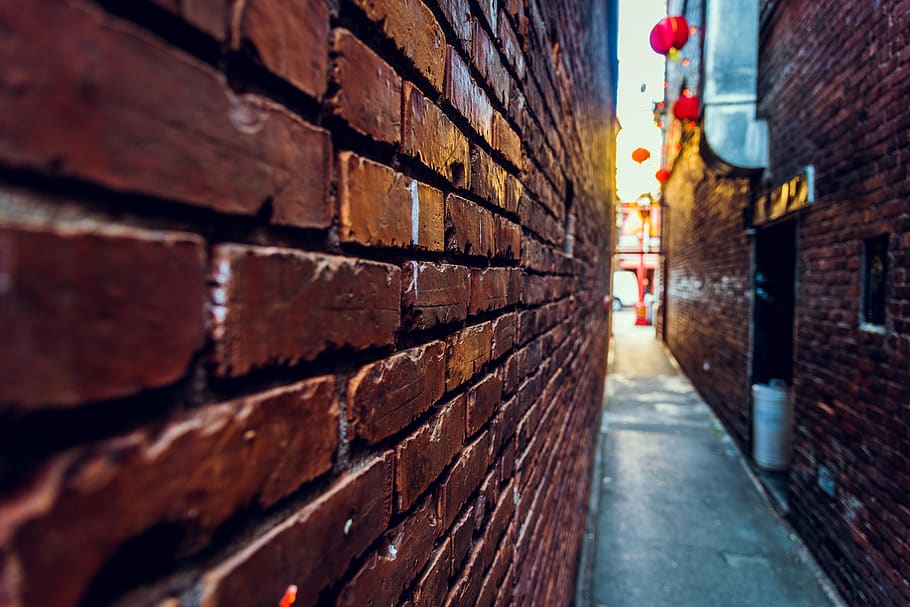 bricks, chinatown, lights, reflection, street, sun, walkway, wall, architecture, built structure