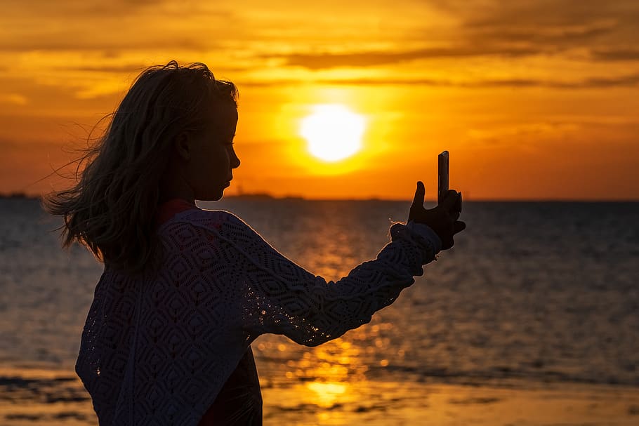selfie, girl, silhouette, sunset, human, person, child, landscape, north sea, nature