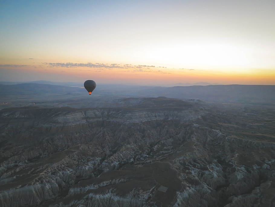 hot air balloon, landscape, nature, mountains, hills, rocks, sunset, sky, view, Cappadocia