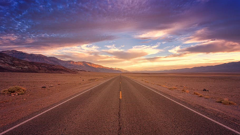 road, away, death valley, clouds, sunset, mood, determination, forward, landscape, nature