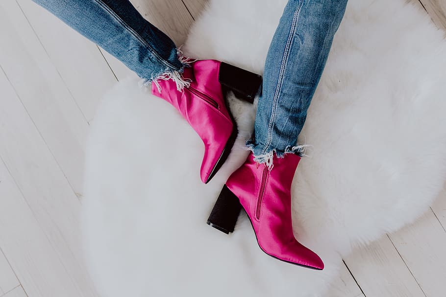 wanita, pink, sepatu bot, biru, celana jeans, sepatu bot merah muda, sepatu merah muda, kaki, jeans blues, fashion