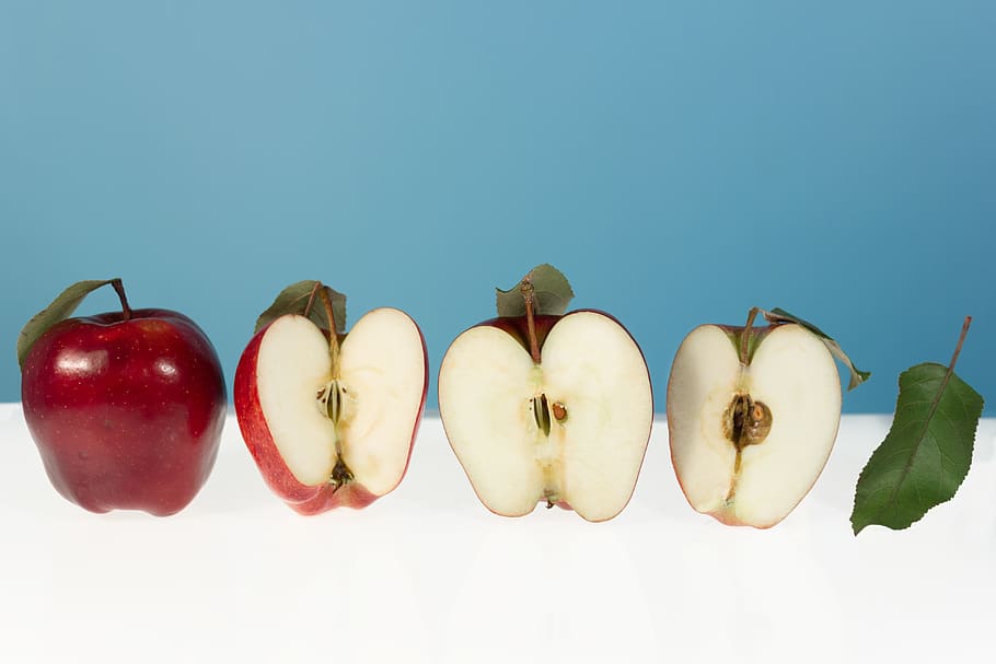maçã, fruta, Comida, papel de parede, minimalista, mínimo, minimalismo, plano de fundo, azul, comida saudável