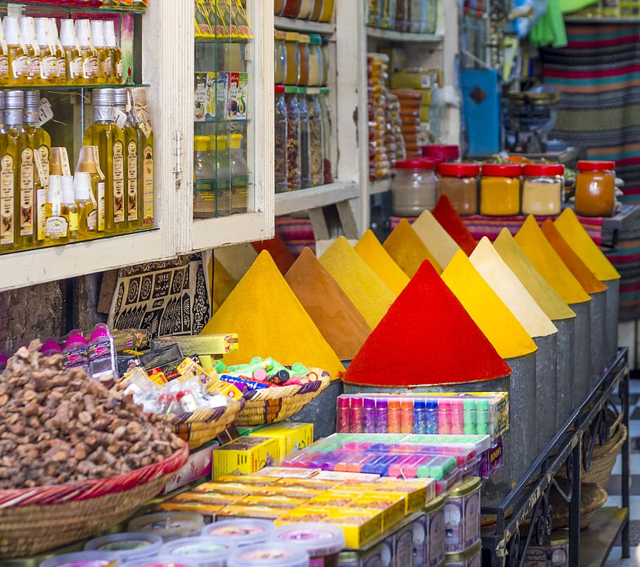 jamu, maroko, warna, marrakech, toko, eceran, pilihan, variasi, kelompok besar objek, pasar
