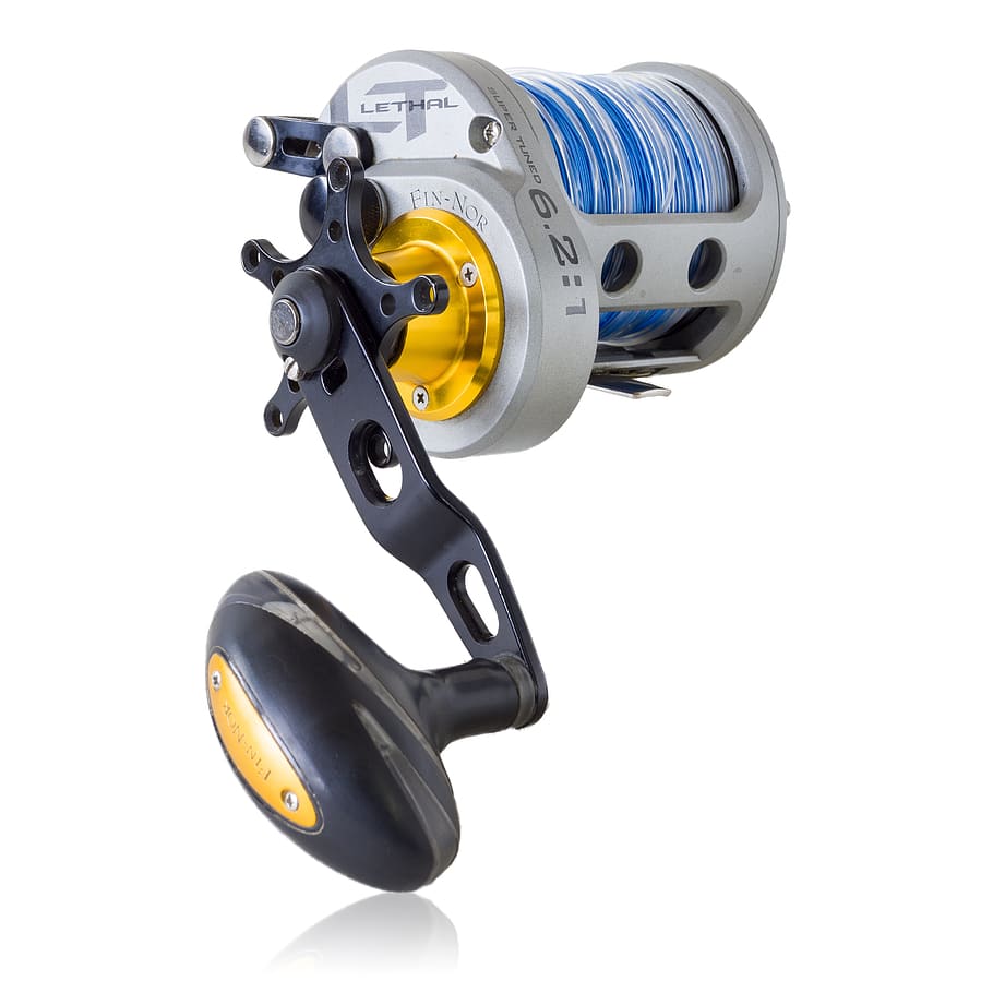 fishing, fishing reel, isolated, lethal fishing reel, white background, studio shot, indoors, close-up, cut out, still life