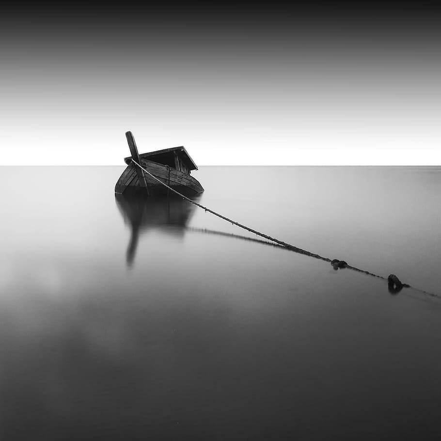 boat, rope, wood, sea, ocean, sail, black and white, sky, clouds, nature