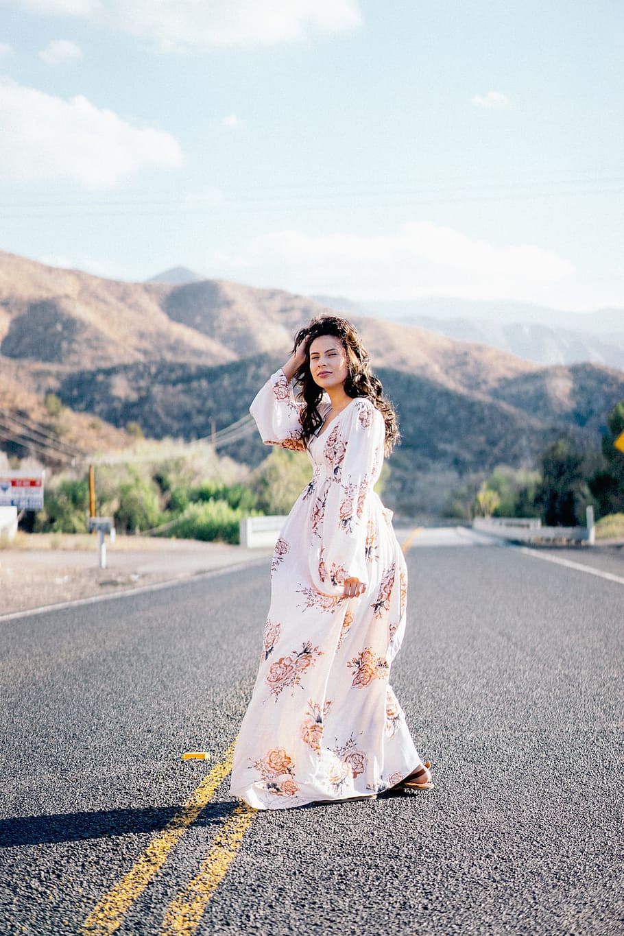 nature, mountains, road, people, girl, lady, woman, maxi, dress, sleeves