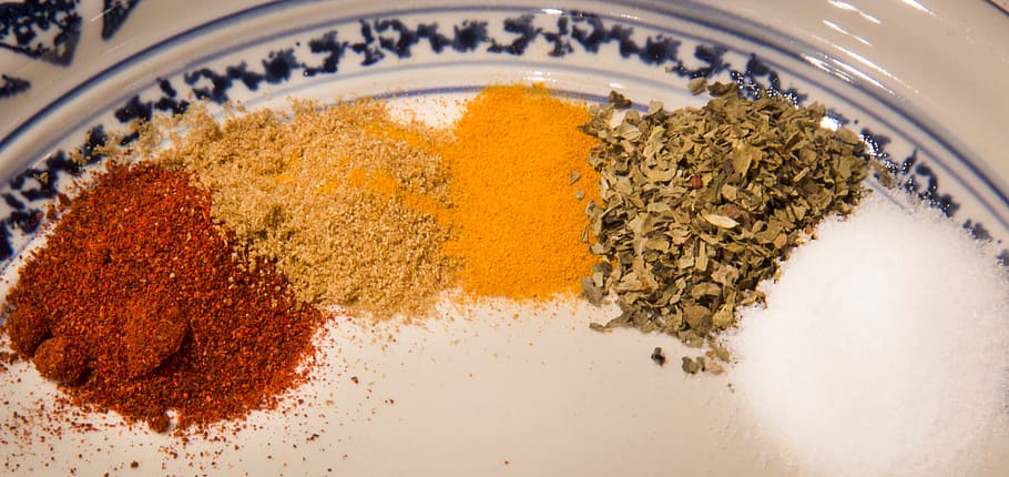 spices, spice, plate, chili, pepper, cumin, turmeric, basil, salt, seasonings