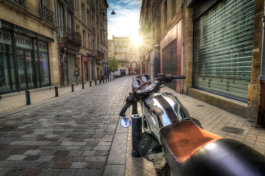 motorcycle, motorbike, street, parked, bike, hdr, traffic, bordeaux, architecture, city