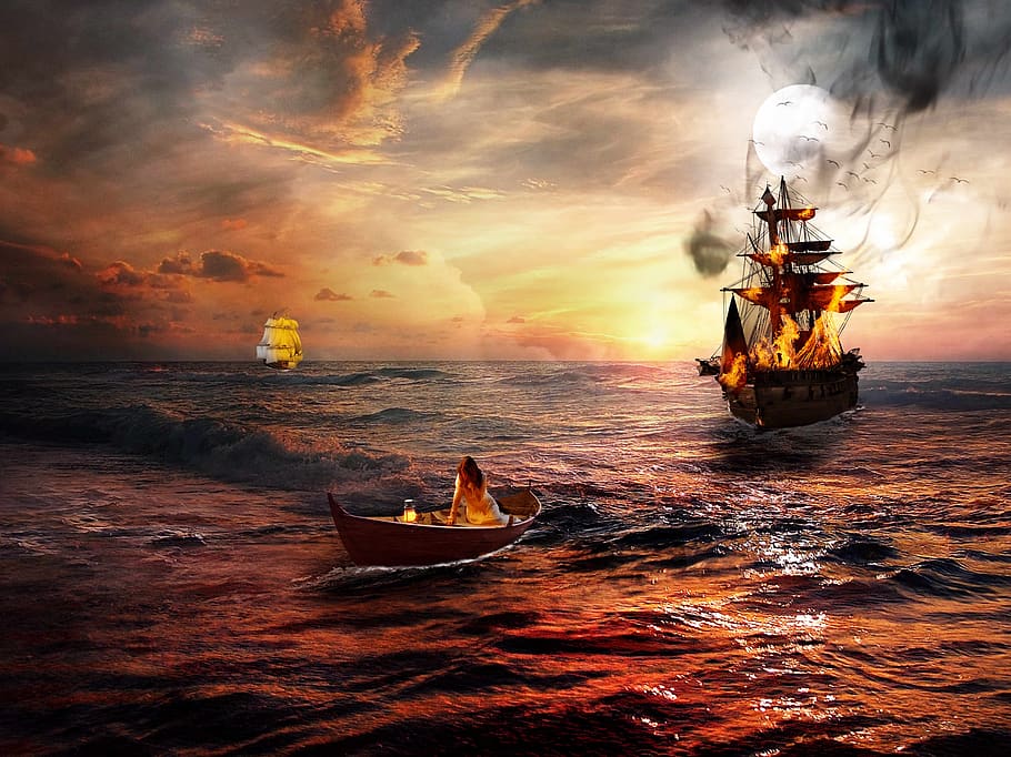 pirates, distress, sunset, fire, nautical vessel, sea, transportation, sky, mode of transportation, water