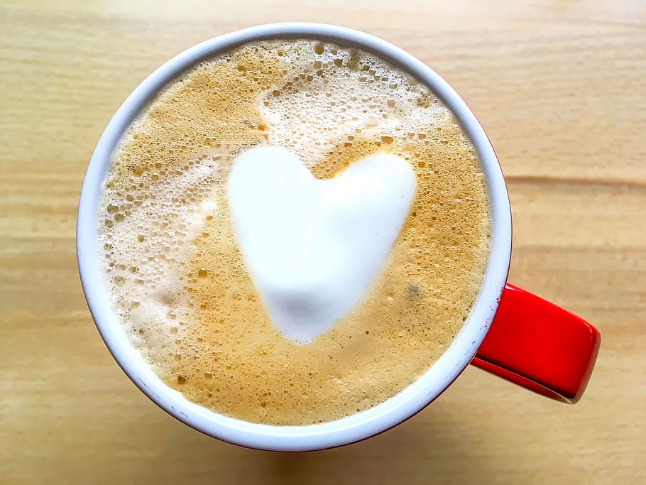 coffee, drink, heart, cappuccino, cup, milchschaum, red, coffee foam, foam, enjoy
