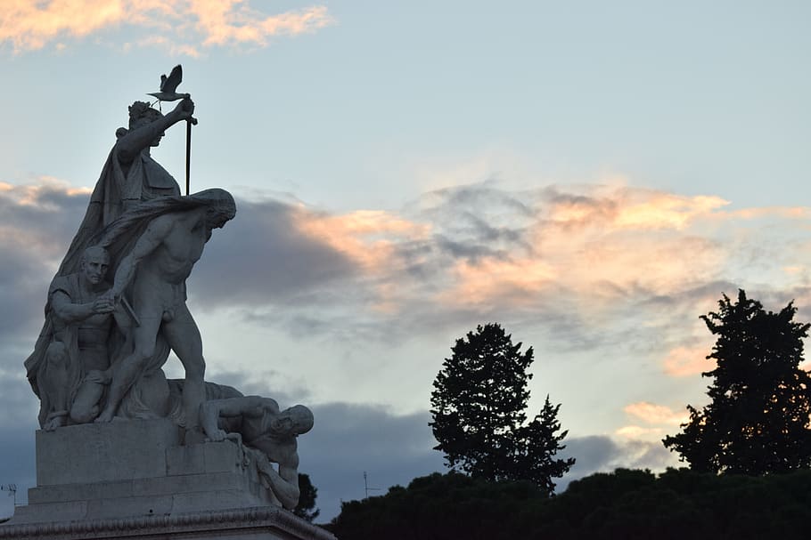 centre rome, victorian statues, backlight, towards sunset, shooting with nikon 5300, sunset, sculpture, statue, art and craft, sky