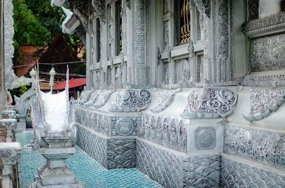 templo de prata, chiang, mai, tailândia, -, vista de detalhes, templo, religião, viagem, arquitetura