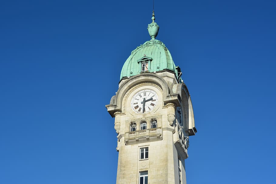 campanile, clock, station, limoges, roof copper, blue, sky, architecture, low angle view, clear sky