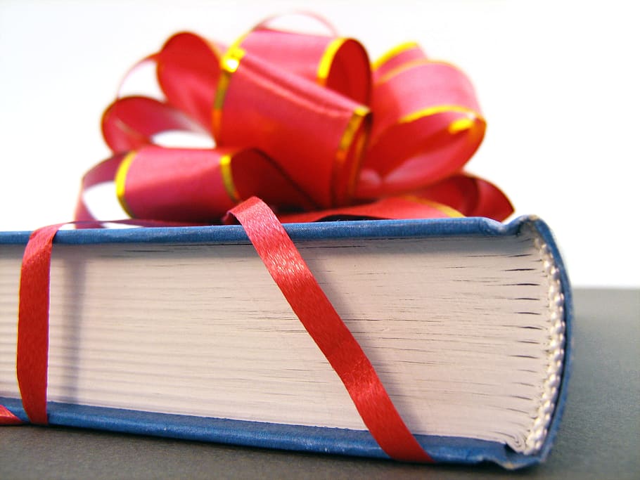 present, book, books, red, bow, xmas, christmas, ribbon, literacy, literary
