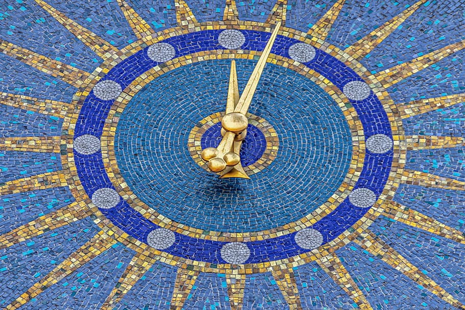 Torre del reloj, azul, amarillo, oro, de cinco a doce, decorativo, hermoso, arquitectura, azulejo, azulejos