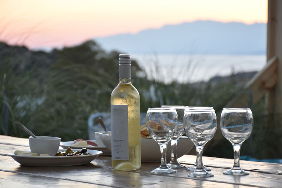 summer, aperitif, sea view, wine, table, terrace, abendstimmung, mediterranean, mediteran, sunset