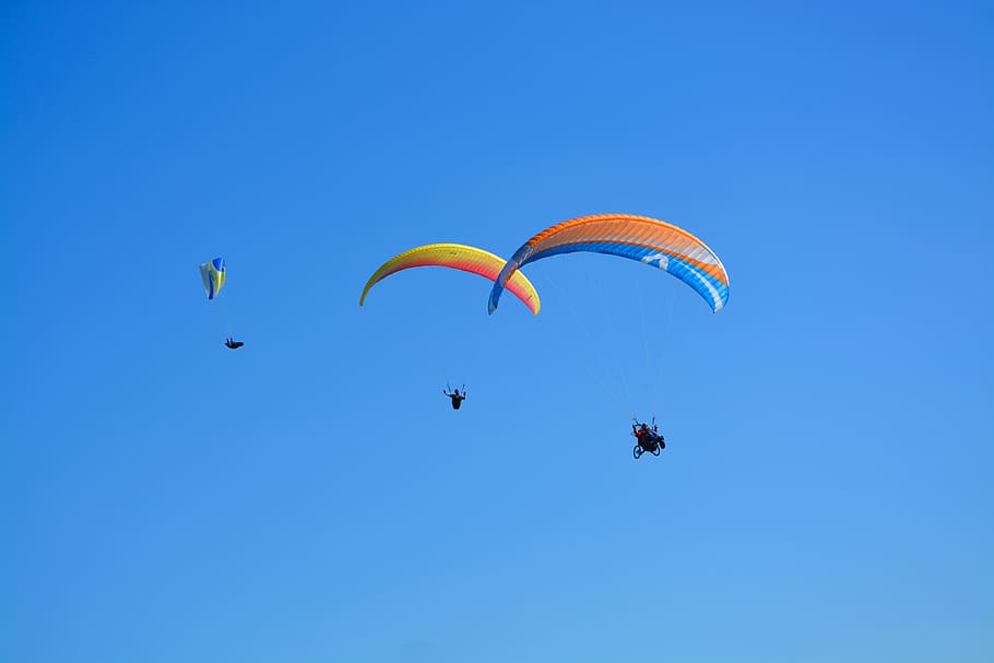 paragliders paragliders, blue sky, fly, flight, paragliding, sport, hobbies, air, france, normandy clecy