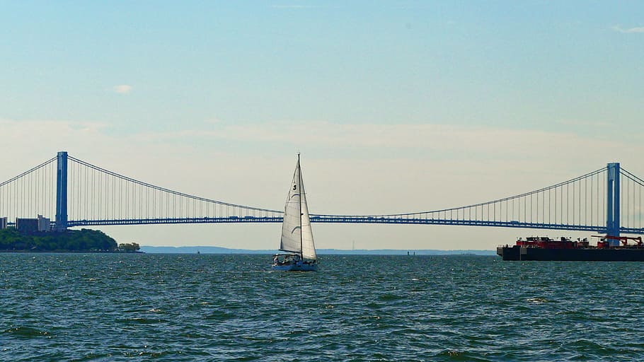 veleiro, águas, novo, velas do porto de york, em direção a, ponte verrazon-estreita, aberto, oceano atlântico, oceano., fotos de veleiros