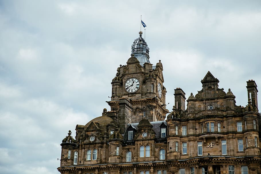 clock tower, balmoral hotel, edinburgh, scotland, architectural, architecture, british, clock, facade, historic