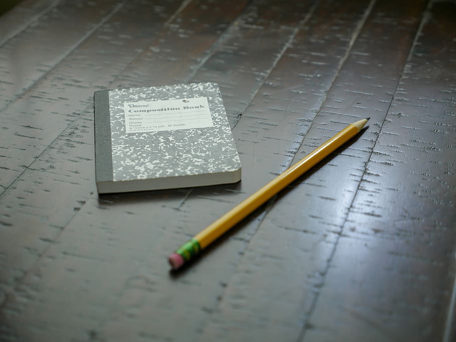composition notebook, pencil, sitting, wooden, desk., wood, diary, education, composition, writing
