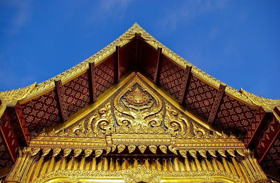 frontão do pavilhão tailandês ornamentado, olbrich, botânico, jardins, madison, wisconsin, tailandês, pavilhão, ouro, tailândia