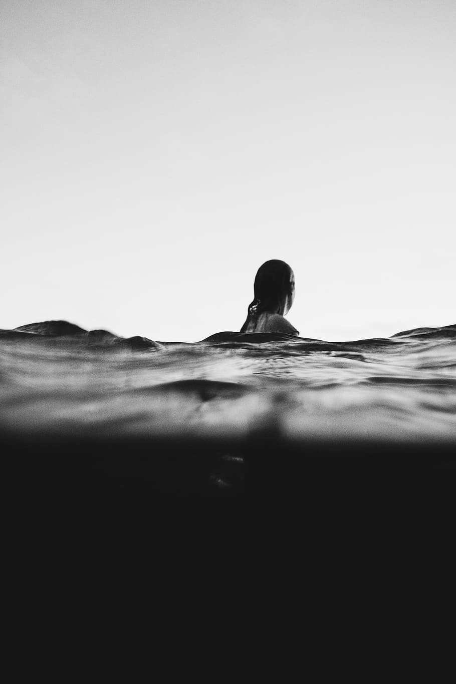 woman, swimming, black and white, swim, adventure, sea, ocean, water, danger, sky