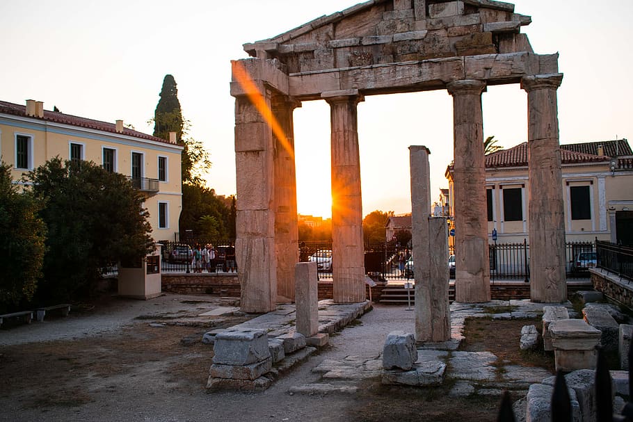 ancient, greek monument, great, sunset view, view., monument, sunset, view, greece, landmark