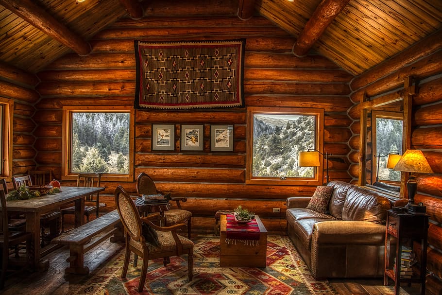 log cabin, inside, indoors, interior, furniture, rustic, mood, atmosphere, hdr, forest
