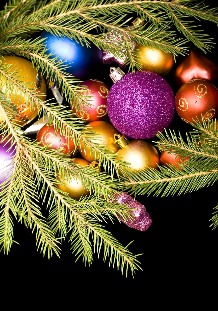 fondo, bola, adorno navideño, rama, brillante, celebración, navidad, árbol de navidad, color, oscuro