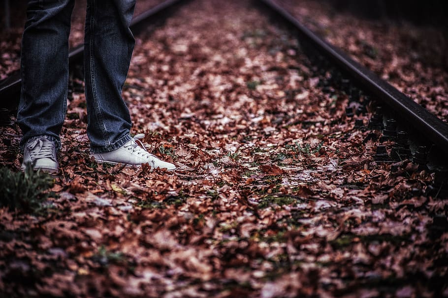 tracks, man, character feet, foliage, rails, stand, lonely, scenery, track, shoes
