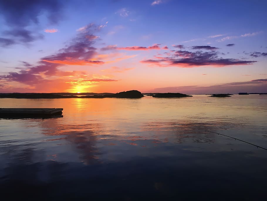 norway, midnight sun, fish, hitra, dolmoy, sky, water, sunset, scenics - nature, beauty in nature