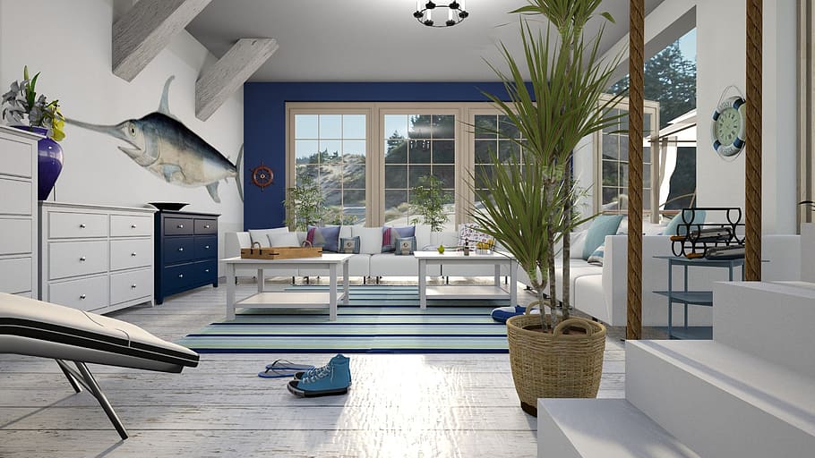 swordfish, cottage, the interior of the, sea, apartments, room, romantic, blue and white, wood, furniture
