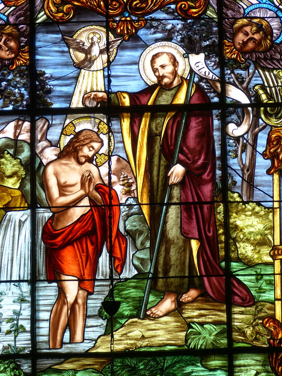 window, church window, jesus, baptism, baptized john, jordan, dove, faith, catholic, stained glass