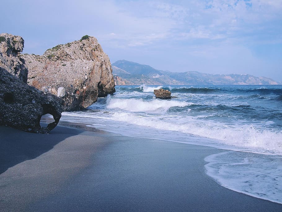 beach, sand, shore, ocean, sea, waves, water, rocks, boulders, sunshine