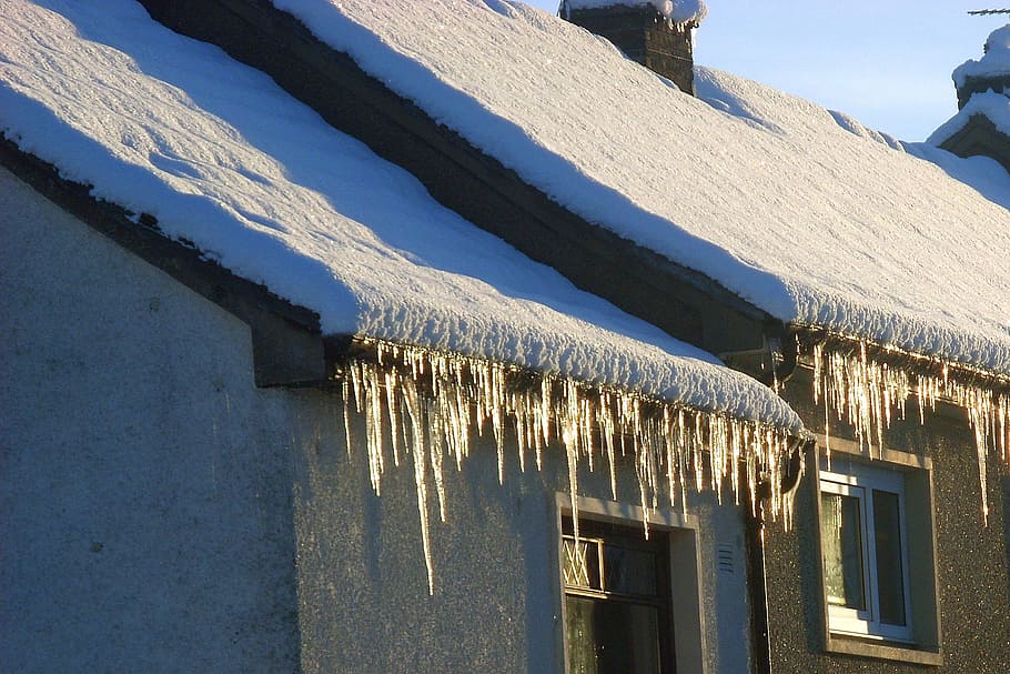 icicles, overhanging, snow-covered, roof, scotland, ice, climate change, winter, weather, snow