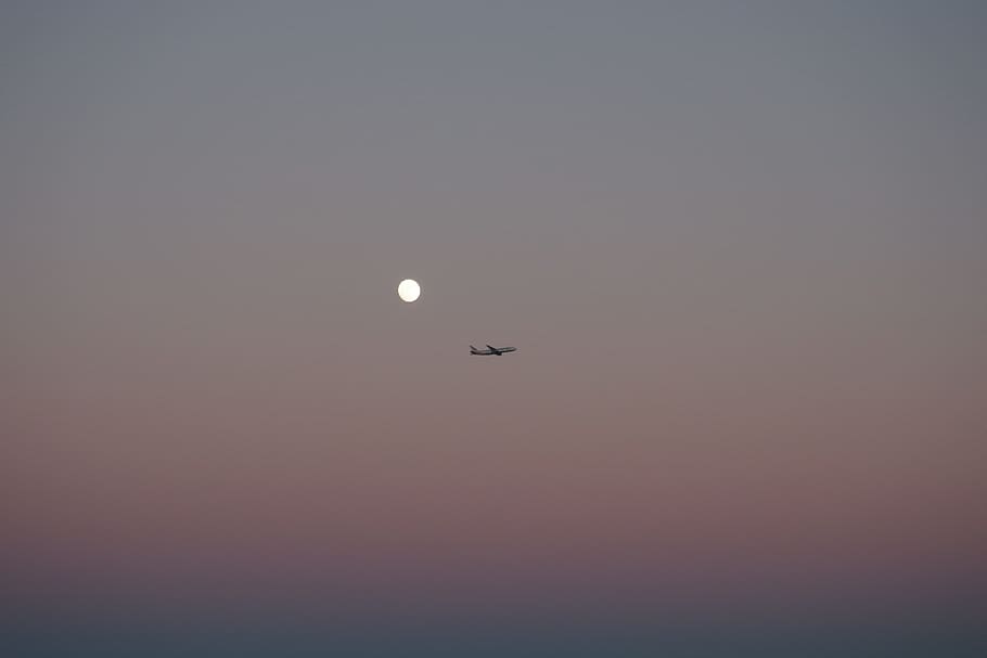 clouds, sky, airplane, travel, adventure, moon, flying, mode of transportation, air vehicle, silhouette