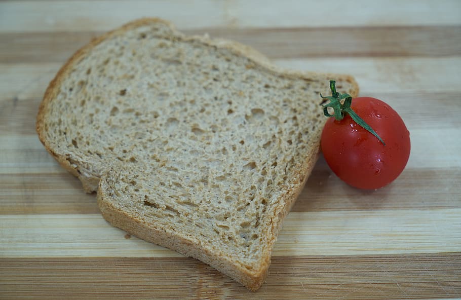 bread, table, wood-fibre boards, tomato, red, food, diet, calories, carb, kitchen