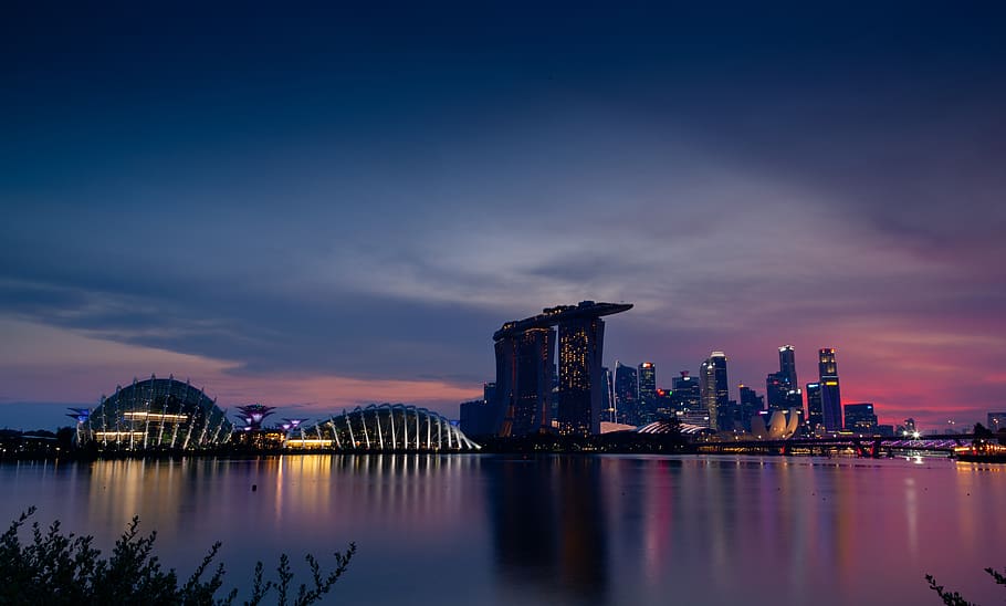 singapore, skyline, sunset, cityscape, waterfront, urban, building exterior, built structure, architecture, sky