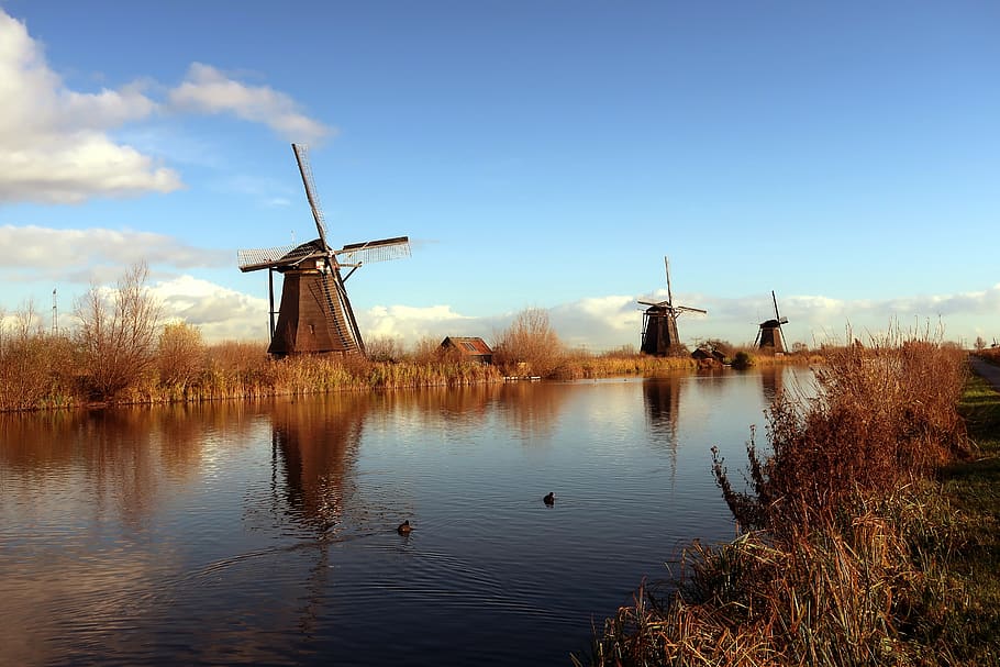 kinderdijk, mill, mills, netherlands, holland, tourism, wind mill, windmill, reflection, mill blades