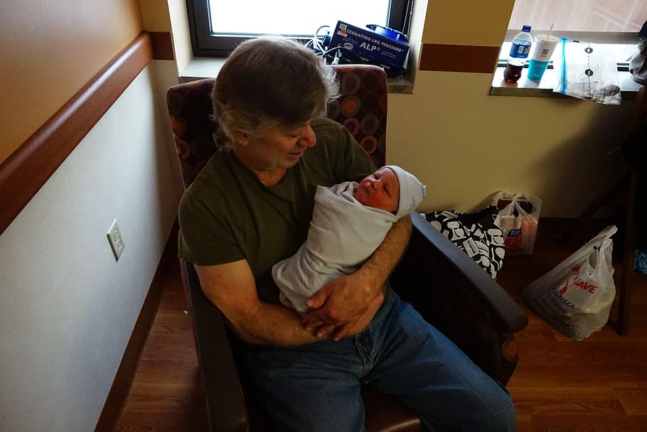 baby, grandfather, pap, great, day, family, newborn, indoors, men, adult