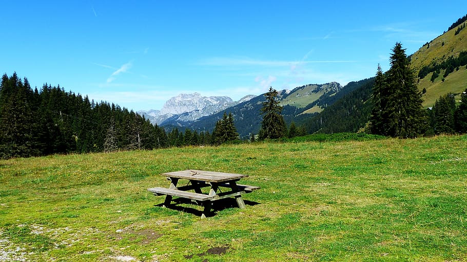 nature, landscape, alpine, bench, rest, mountains, view, panorama, pause, hiking